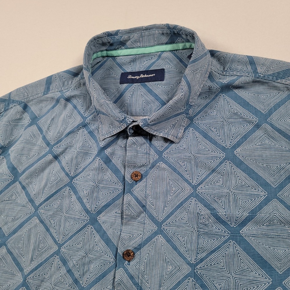 Tommy Bahama Men Silk Button Shirt 3XL Blue Geometric Camp Casual‎
